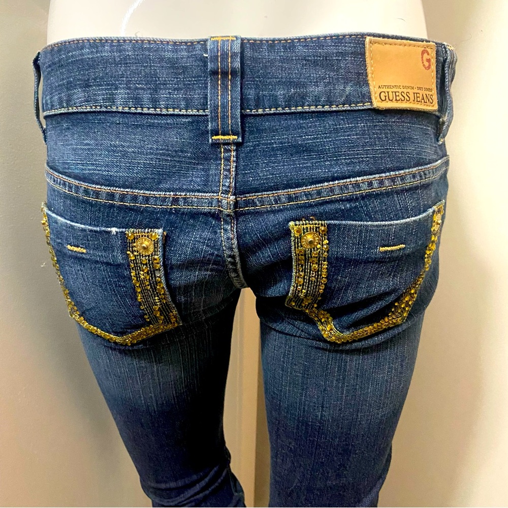 G By Guess Dark Straight Leg Jeans w/ gold trim on front and back pockets, SZ.26